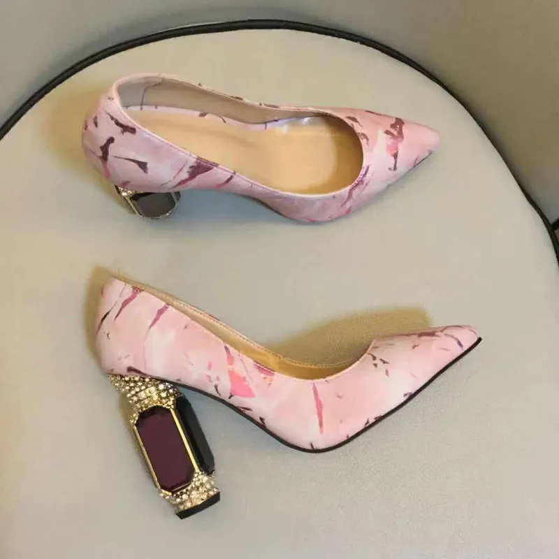 VCSHOES White Pointed Toe Shallow High Heels Glass Rhinestone Thick Heel Single Shoes Simple All-match Women's Shoes