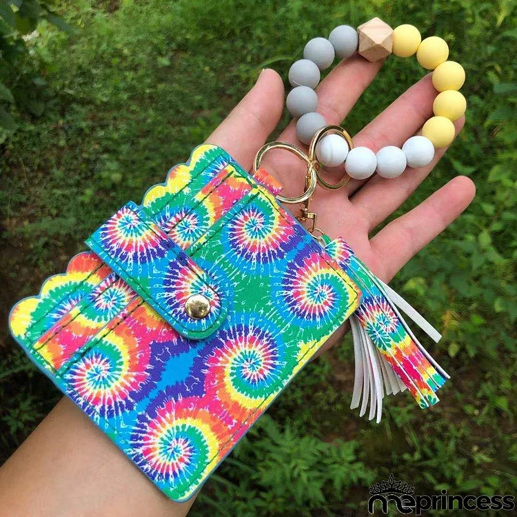 Women Fashion Silicone Wooden Beads Wrist Tassel Coin Purse Keychain Pendant