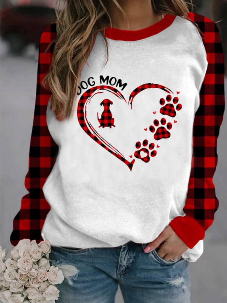 VChics Dog Mom Print Plaid Patchwork Sweatshirt