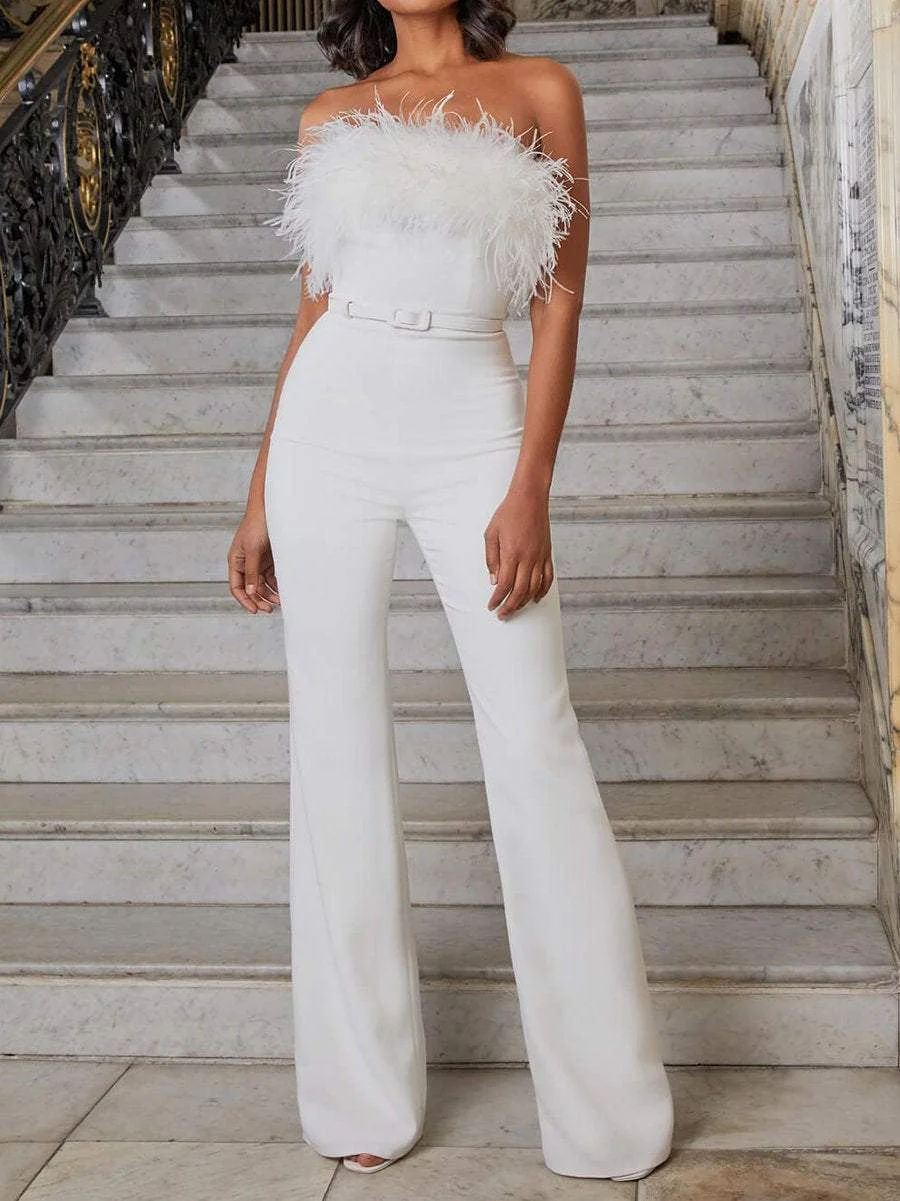 Stylish Feather Strapless Jumpsuit