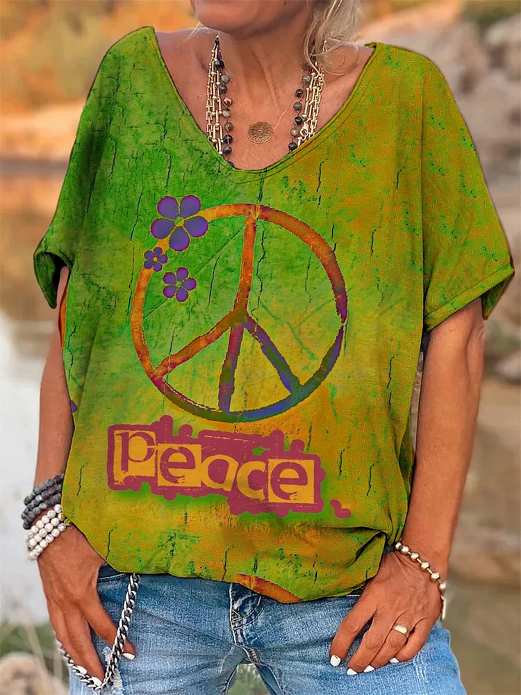 Women's V Neck Peace Floral Logo Print Top socialshop