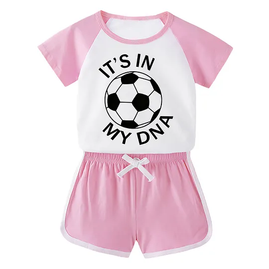 【18M-11Y】Toddler Soccer 'It's In My DNA' 2-Piece Outfit - Sporty Graphic Raglan Top & Shorts Set For Kids