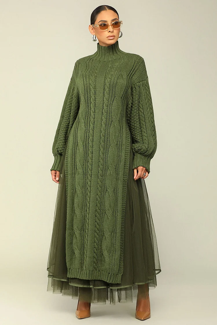 Weave Pattern Knit Lantern Sleeve Slit Maxi Dresses Tulle Maxi Skirt Matching Set-Beige