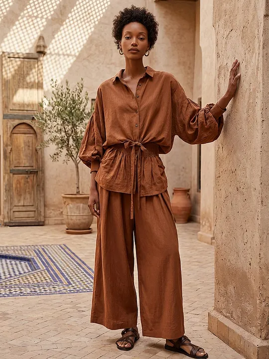 Women's Brown Linen Blend Vacation Balloon Sleeve Shirt & Drawstring Wide Leg Pants Set MD