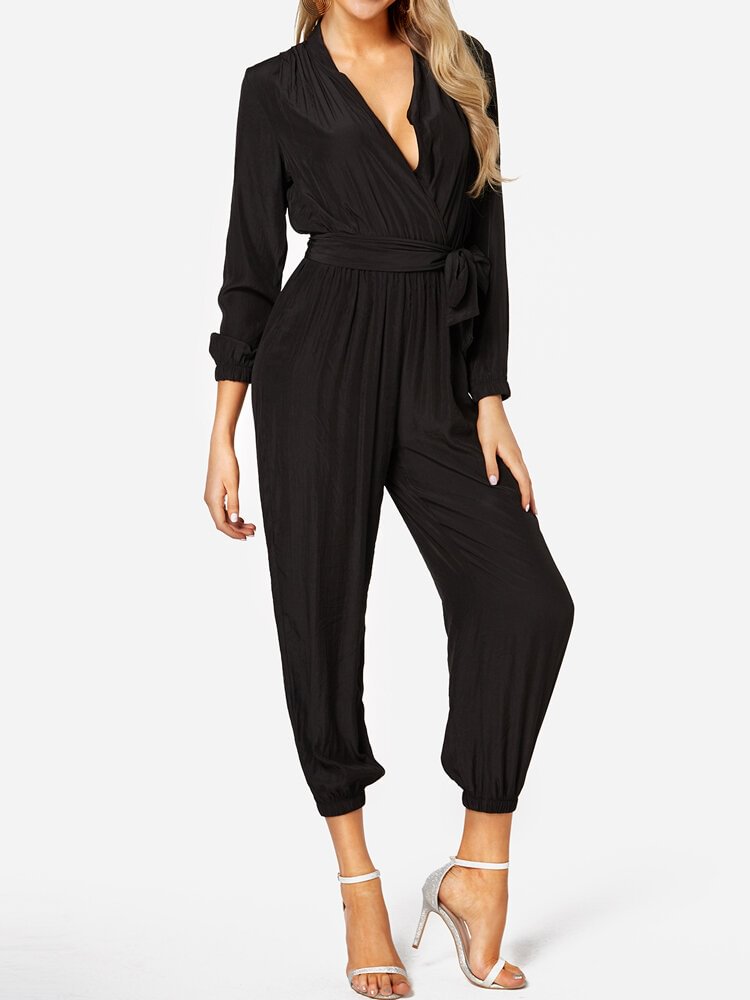 Solid Color Knotted Waistband Long Sleeve Casual Jumpsuit for Women - Shop Trendy Women's Clothing | LoverChic