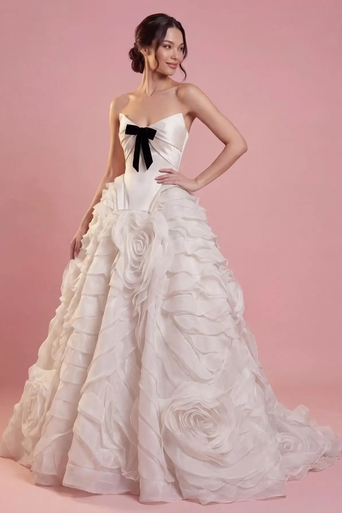 Daisda Sleeveless Strapless Satin 3D Handmade Rose Ruffled Prom Dress With Black Bowknot