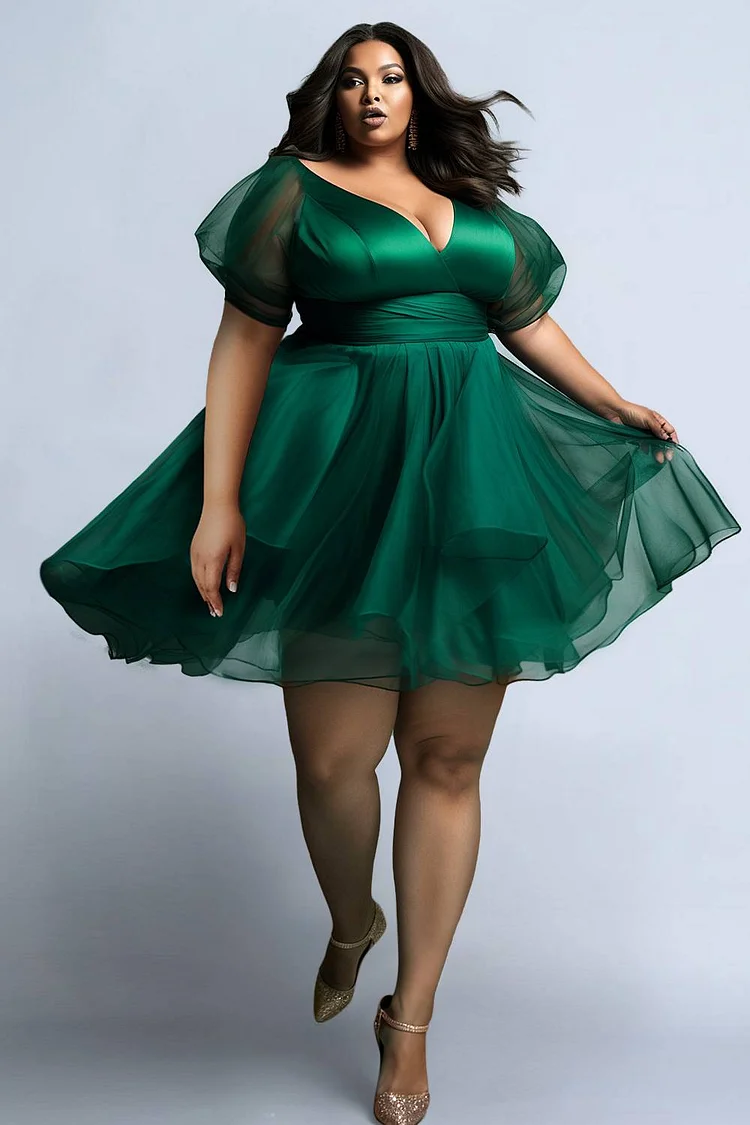 Xpluswear Design Plus Size Semi Formal Elegant Green Spring Summer V Neck Puff Sleeve Short Sleeve Tiered Tulle Midi Dresses 