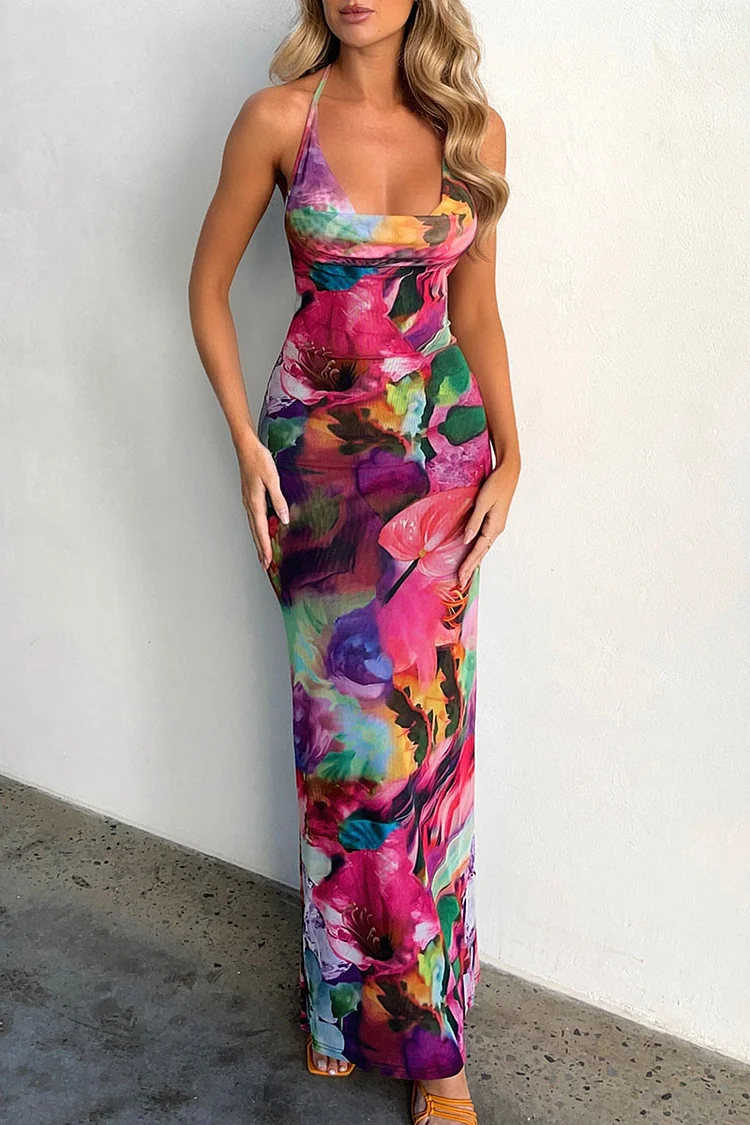 Multi-Colored Floral Print Halter Backless Ruched Bodycon Vacation Maxi Dresses