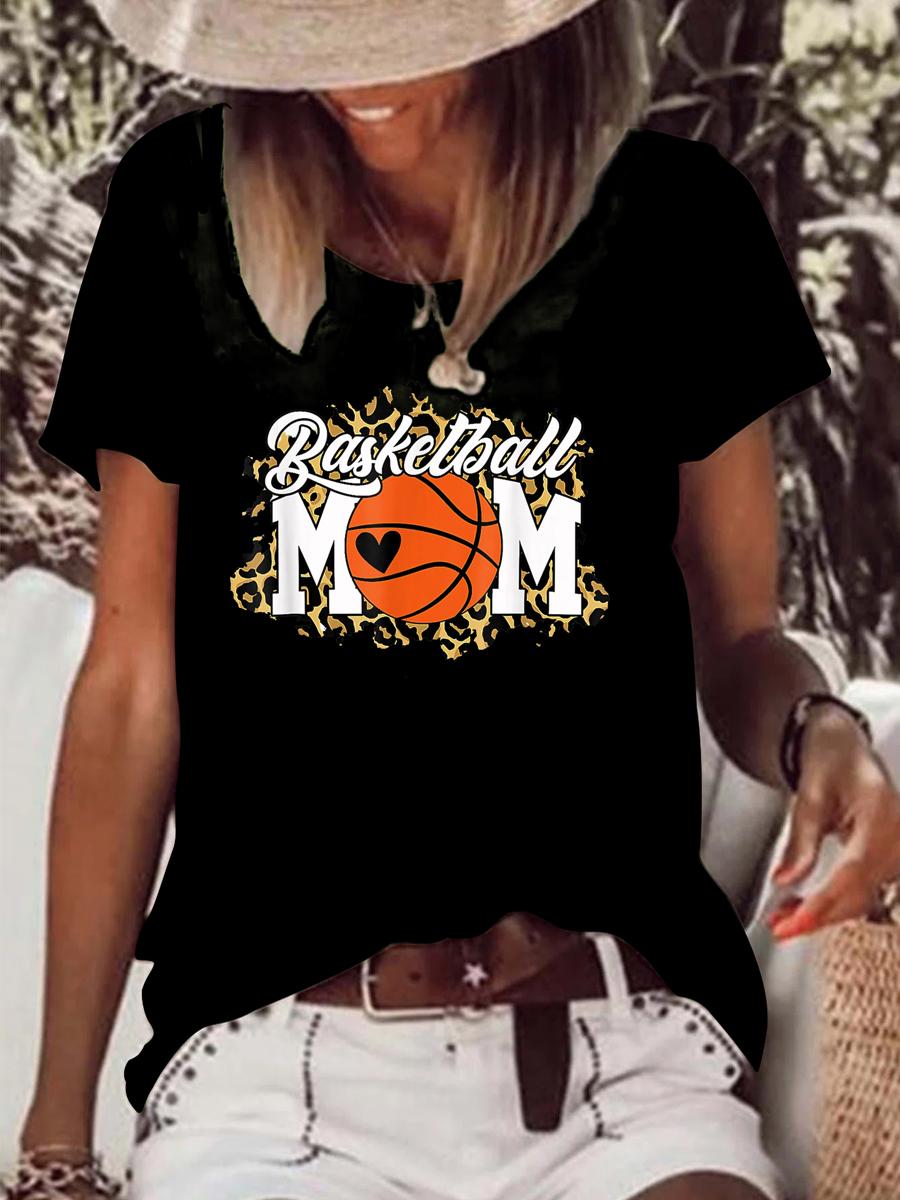 Basketball Mom Leopard Raw Hem Tee-Guru-buzz