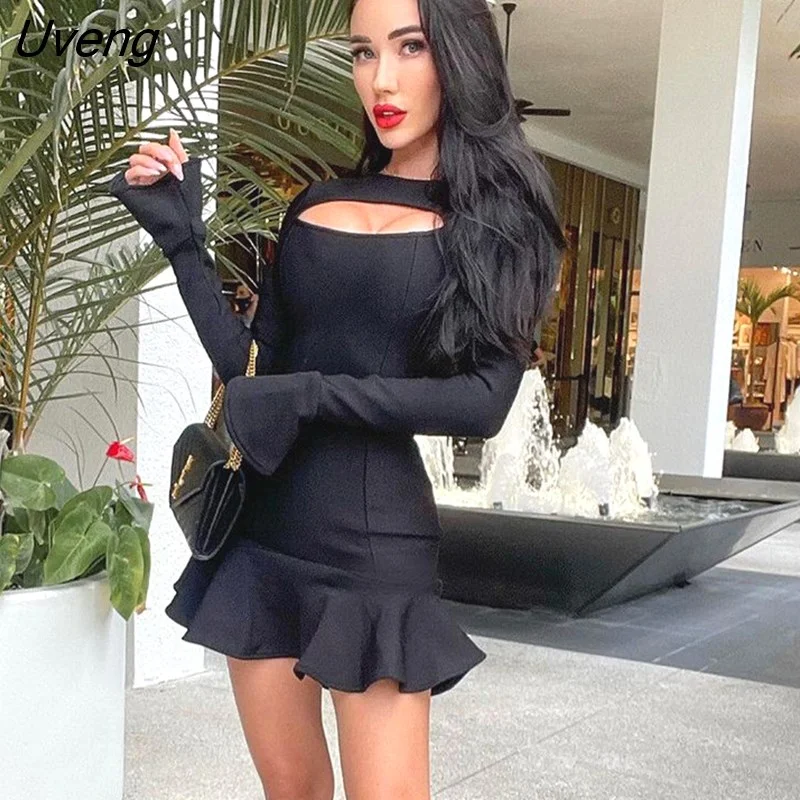 Uveng 2022 Spring Women Black Cute Ruffles A-line Dress Sexy Hollow Out Long Sleeve Bandage Dresses Elegant Party Dress Robes