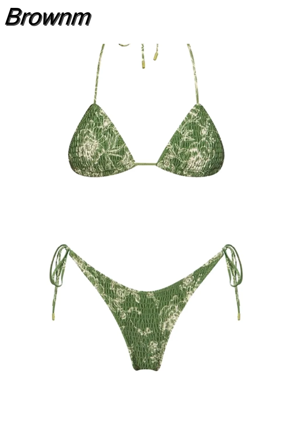 Brownm Triangle Push Up Bikini Set Brazilian String Thong Swimwear Ruched Bandage Bikinis Women