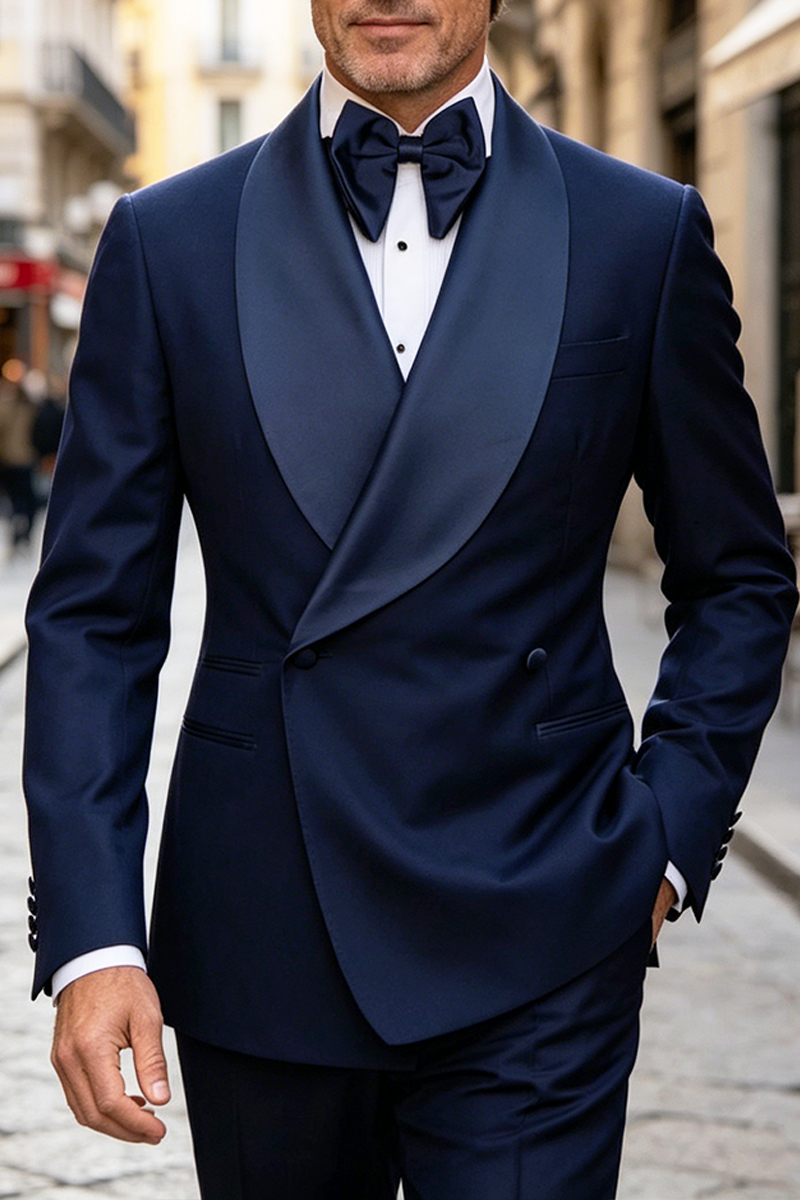 Men's Navy Blue Satin Shawl Lapel Double-breasted 2-piece Tuxedo