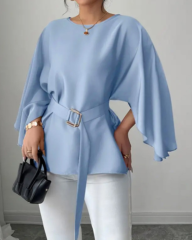 Batwing Sleeve Round Neck Belt Solid Color Top