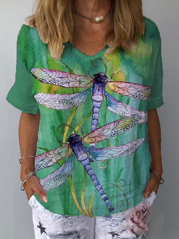 Dragonfly Printed Half Sleeve V-Neck Casual Tee