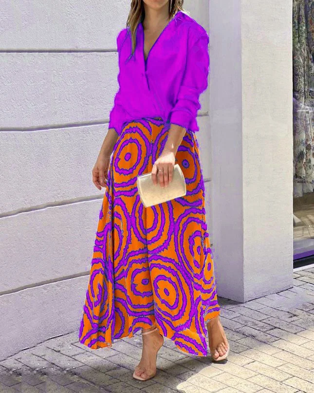 Lapel Solid Color Top Print Long Skirt Two Piece Set