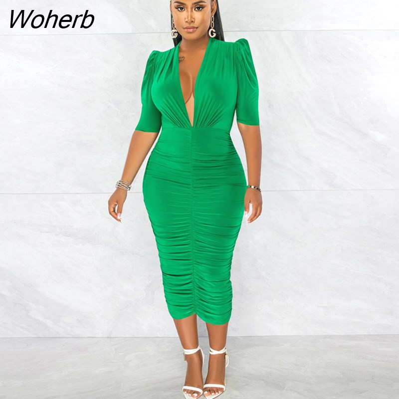 Woherb Women Sexy Party Club Half Sleeve Deep V Neck Ruched Stacked