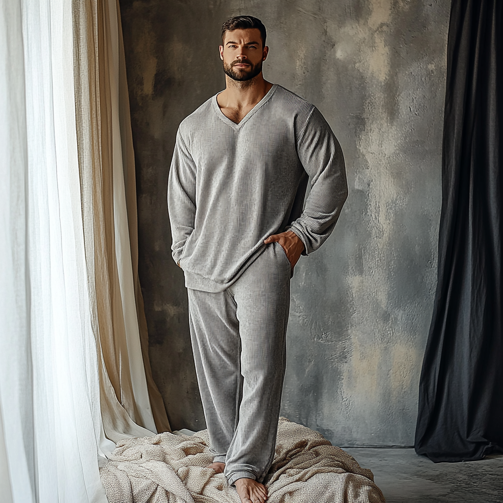 Men's Minimalist Autumn And Winter Warm And Comfortable Casual Pajamas And Pants Two-piece Set-inspireuse