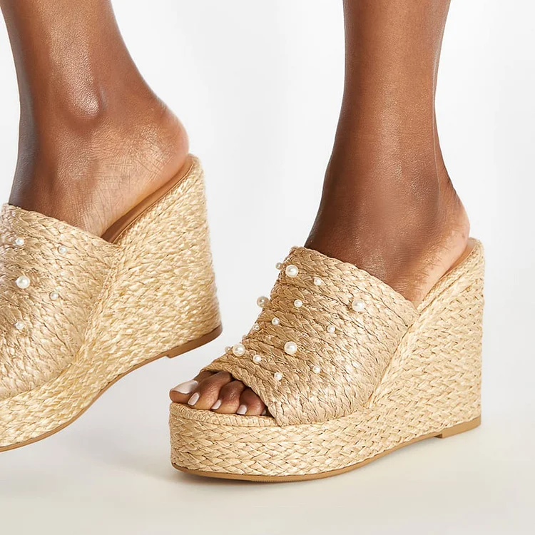 Nude Woven Platform Mules Open Toe Wedge Heel Summer Pearl Sandals |FSJ Shoes