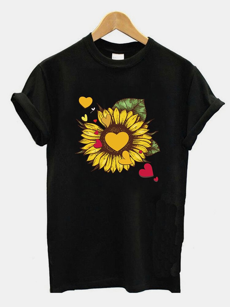 Sunflower Heart Print Short Sleeve T shirt For Women P1660452