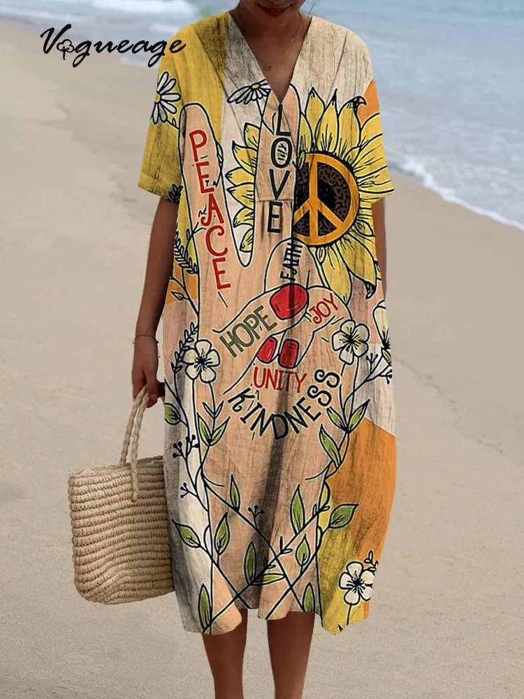Peace Love Faith Hope Joy Unity Kindness Printed Women's Casual Cotton And Linen Dress