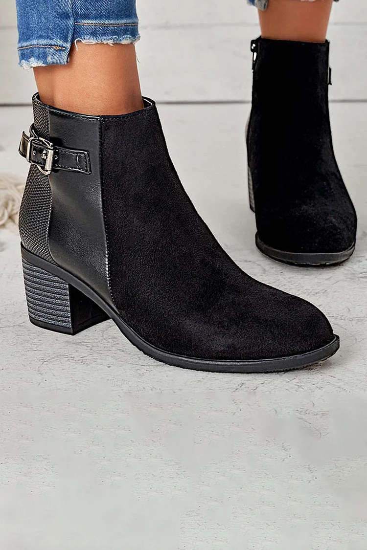 PU Leather Patchwork Buckle Decor Chunky Heels Ankle Boots