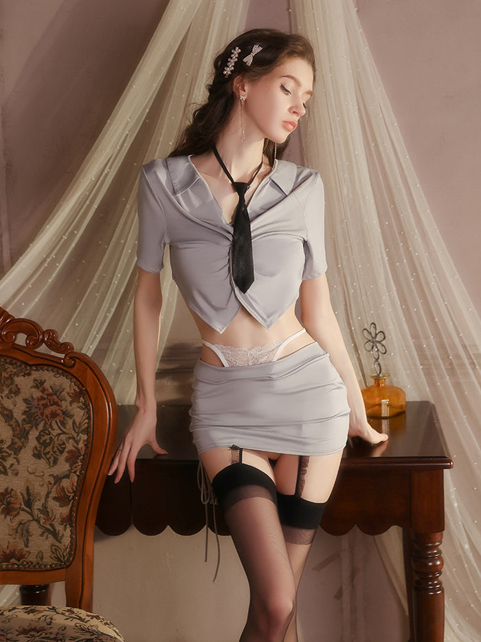 Lovingerie - Ruched Crop Shirt and Garter Mini Skirt Set