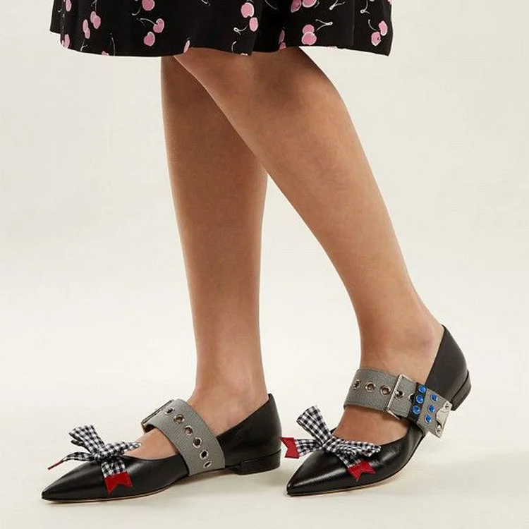 Black Pointy Toe Buckle Shoes Classic Plaid Bow Pumps Summer Casual Rhinestones Flats |FSJ Shoes
