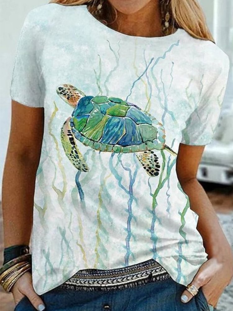 Comstylish Watercolor Sea Turtle Print Casual T Shirt