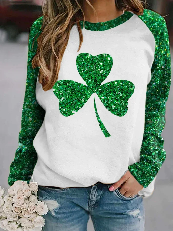 VChics Women's St. Patrick's Day Lucky Glitter Shamrock Print Casual Sweatshirt