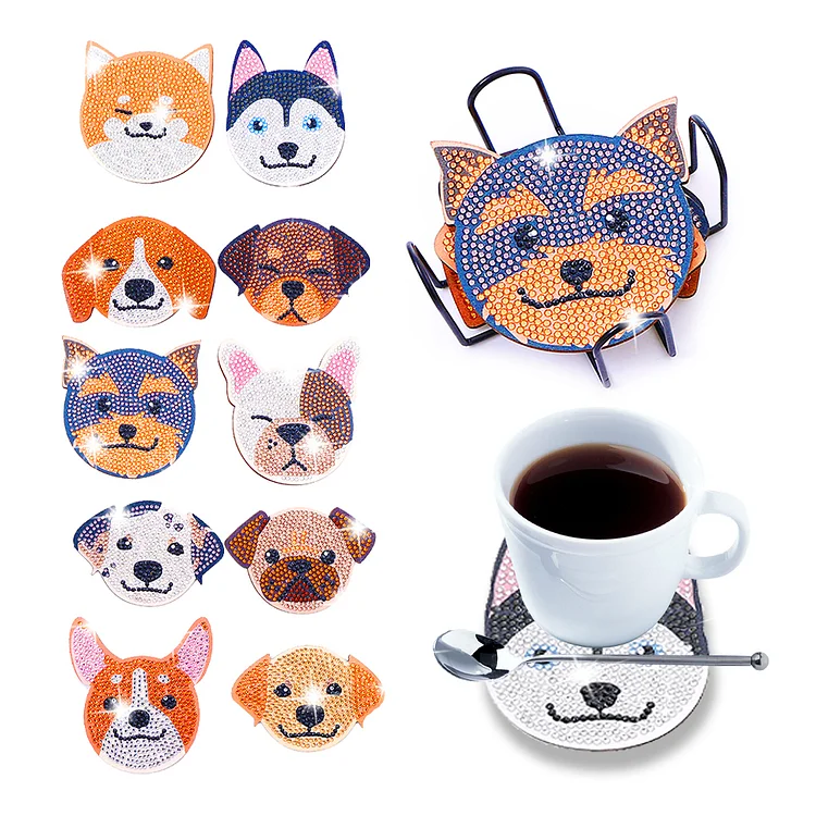 10pcs Cork Coasters Creative DIY Cup Coasters with Holder for Table Home Decor(Cute Dog) gbfke