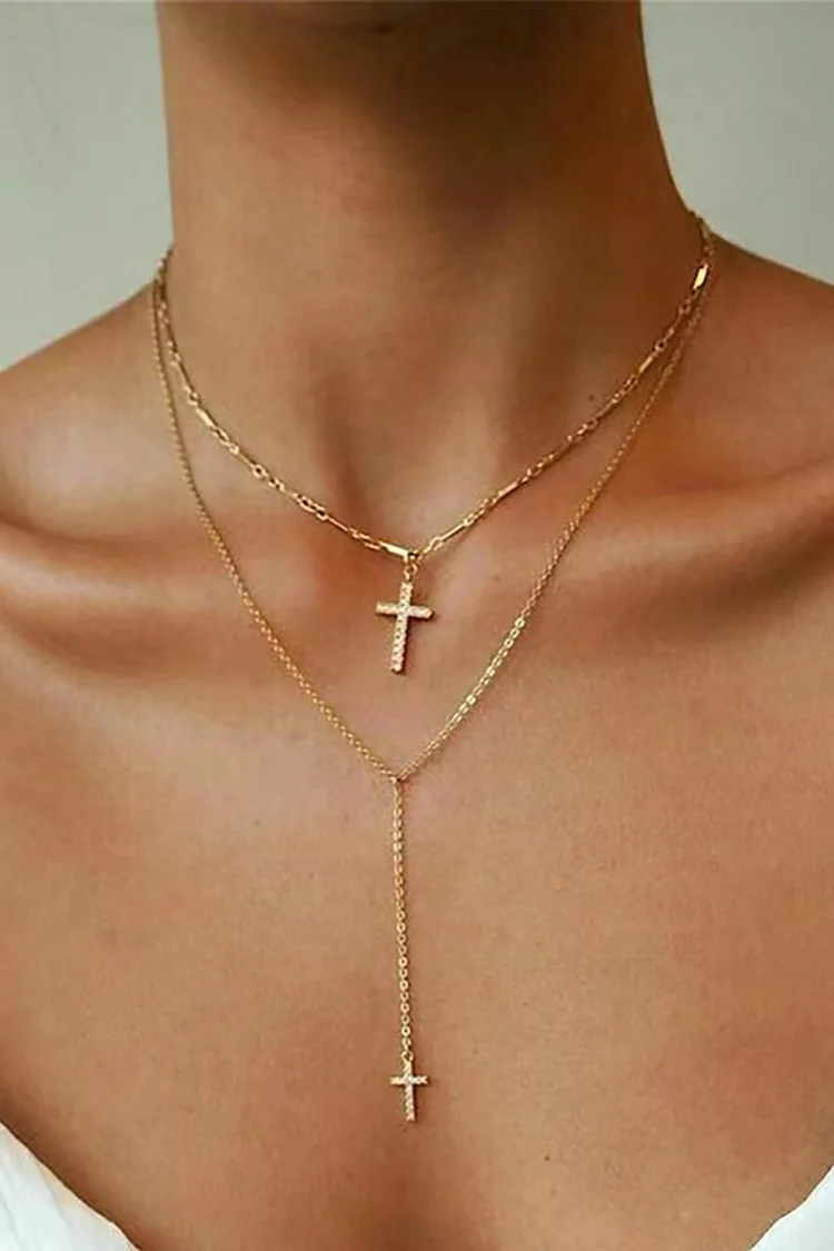 Rhinestone Cross Pendants Alloy Double-Layered Necklace-Gold