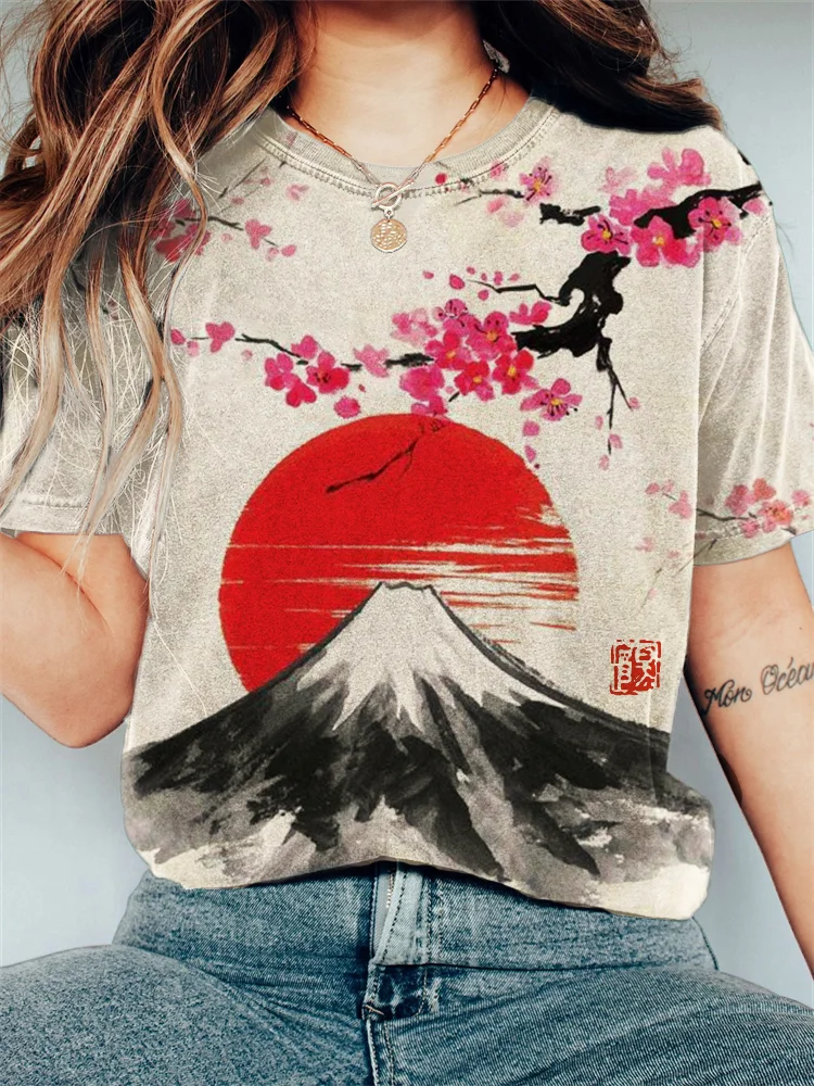 Comstylish Mount Fuji Cherry Blossom Sunrise Vintage T Shirt
