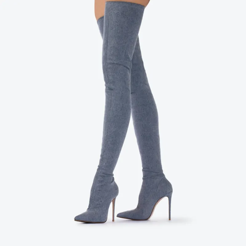 VCSHOES Blue Denim Strech Boots Thigh High Boots Pointed Toe Stiletto Heels High Heel Over The Knee Boots