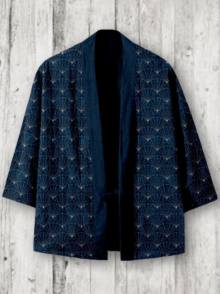 Comstylish Japanese Sashiko Uchiwa Art Linen Blend Kimono Cardigan