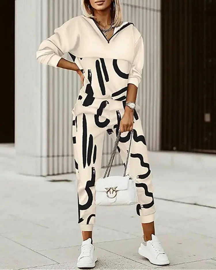Line Print Top and Pants Two-piece Suit