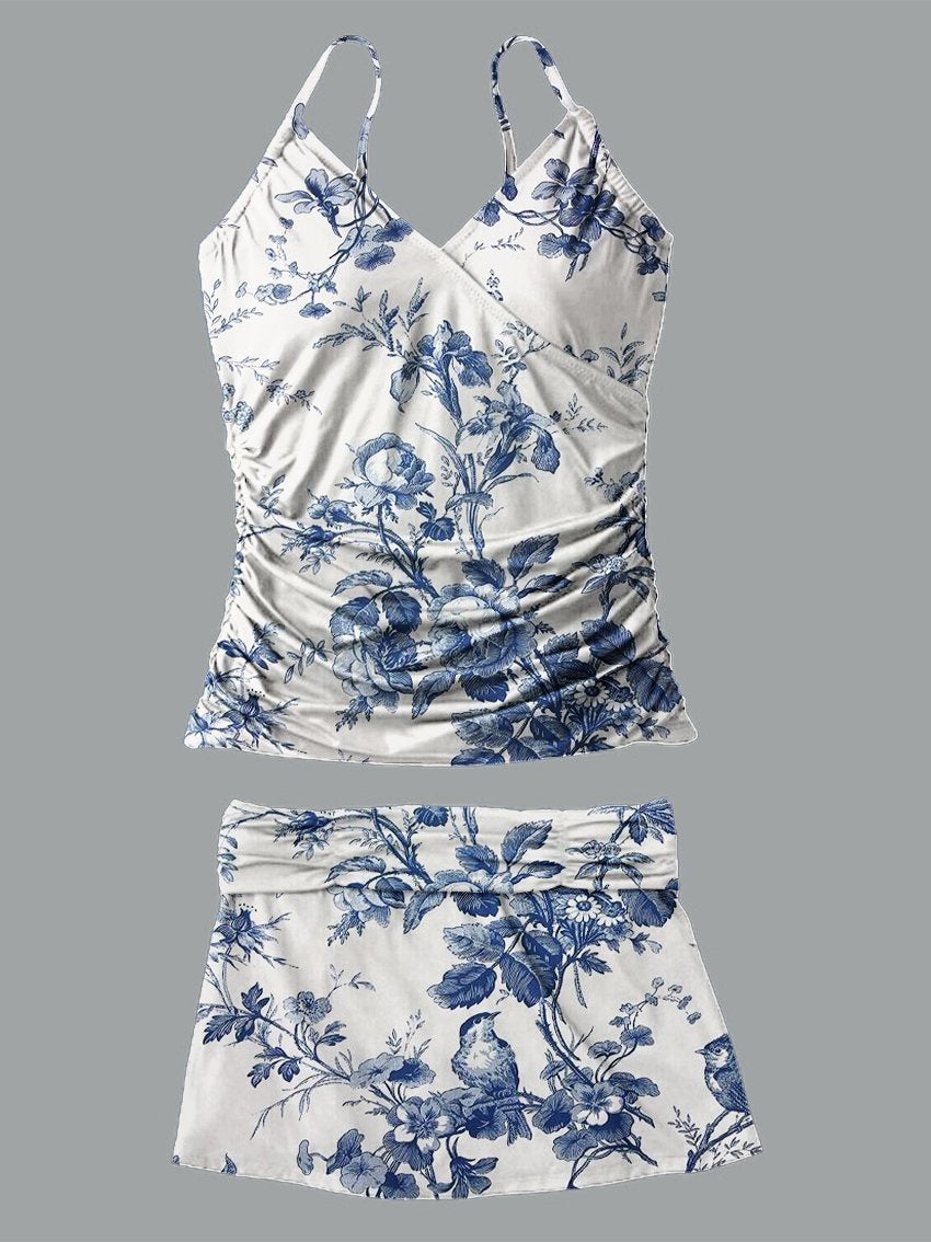 Butterfly Print V Neck Rocking Skirted Tankini