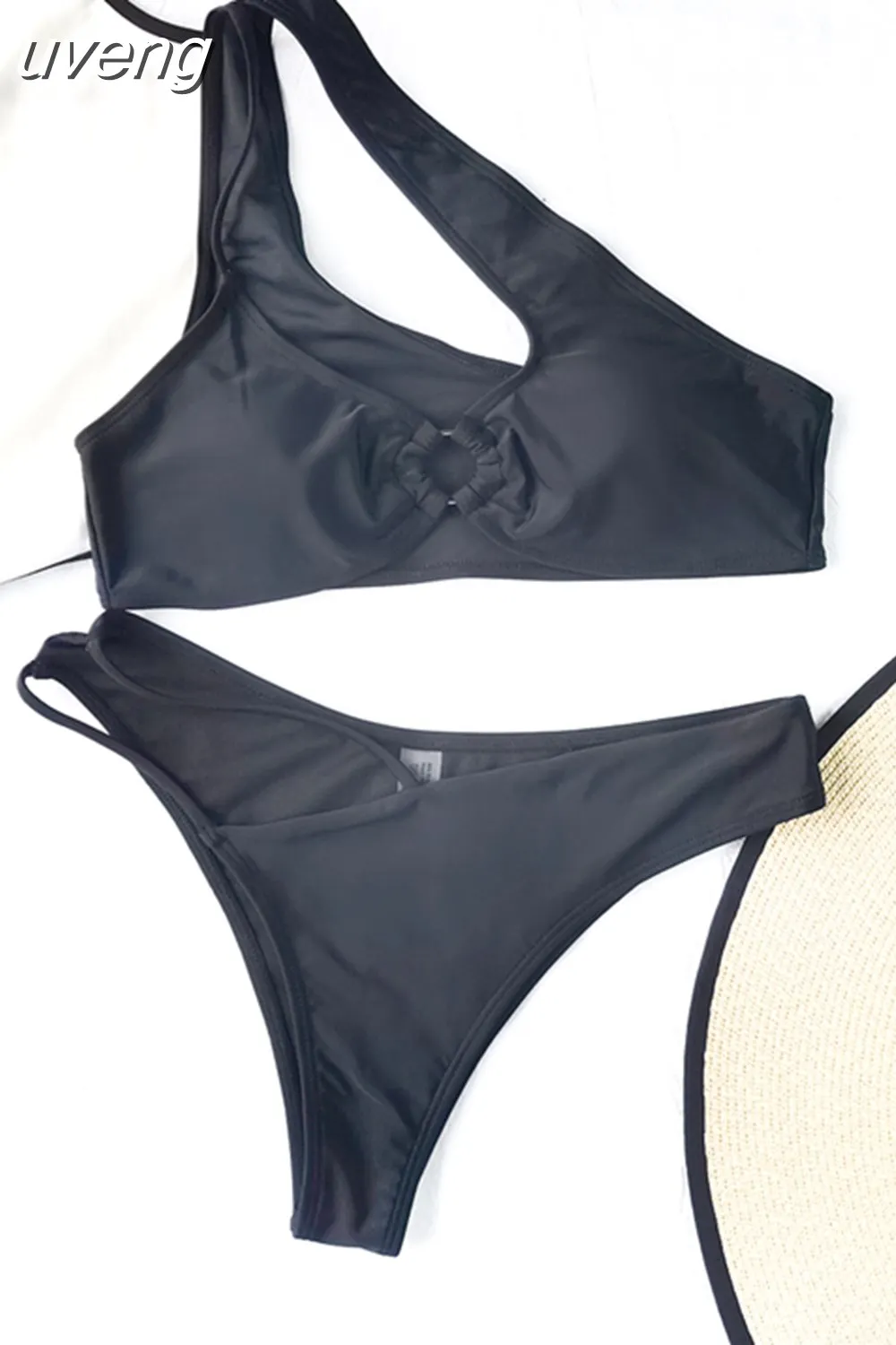 Uveng One Sholder Bikini Set 2023 New Women Solid Low Waist Swimsuit