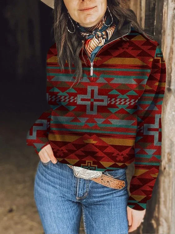 Women's Vintage Aztec& Cross Print Zip Long Sleeve Sweatshirt