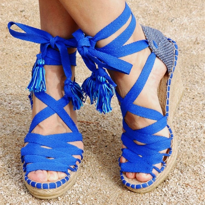 Royal Blue Canvas Strappy Espadrille Wedges Platform Sandals US 8.5 EU 38.5 Blue