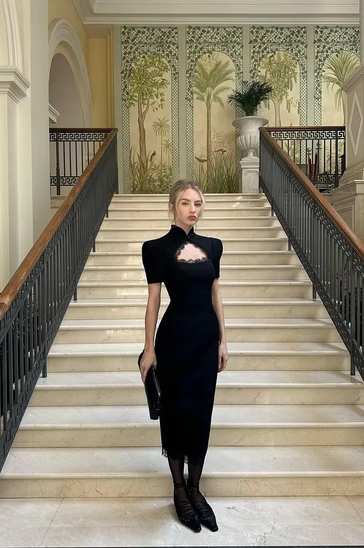 Daisda Black Satin High Neck Short Sleeves Keyhole Long Mermaid Prom Dress With Lace