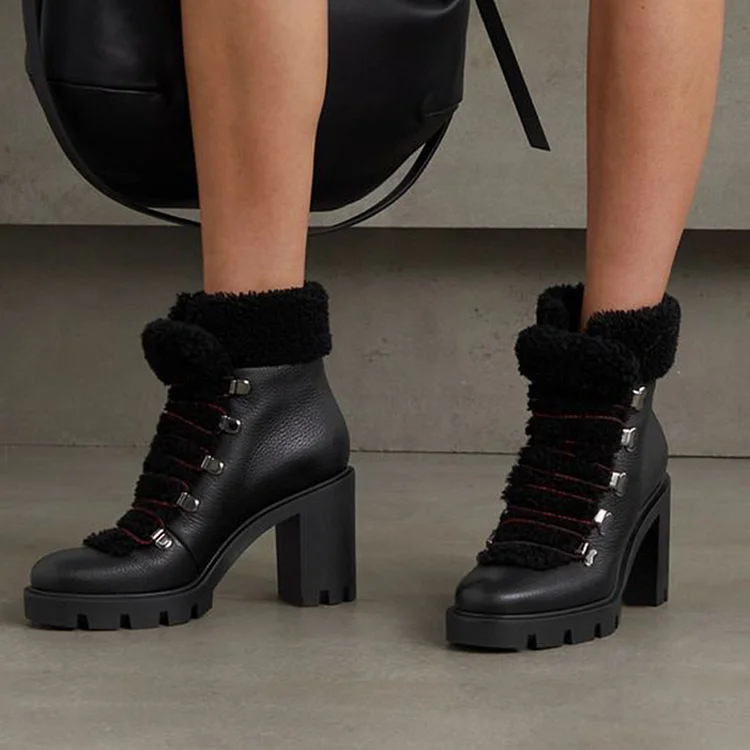 Women's Black Chunky Heel Furry Shoes Vintage Platform Ankle Boots |FSJ Shoes