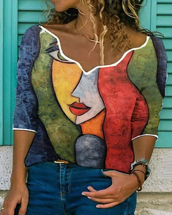 Women Character Print V Neck 3/4 Sleeve Shirts&Tops