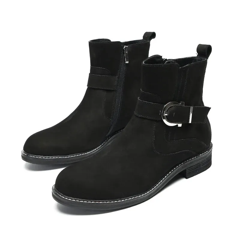VCSHOES Botas Hombre Italian Black Round Toe Casual Shoes Zipper Suede Leather Buckle Ankle Boots Big Size Formal Men Short Boots