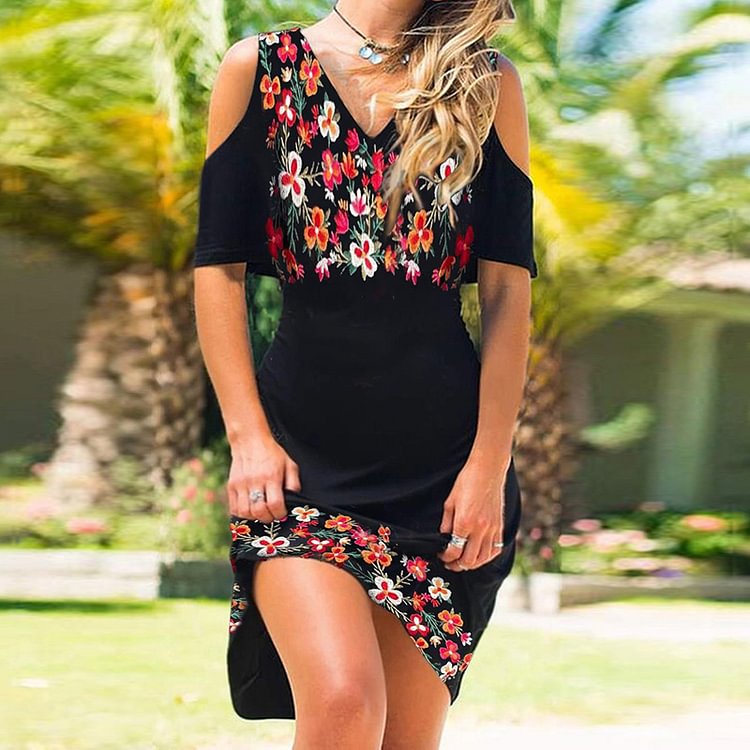 Vintage Print Short Sleeve Mini Dress