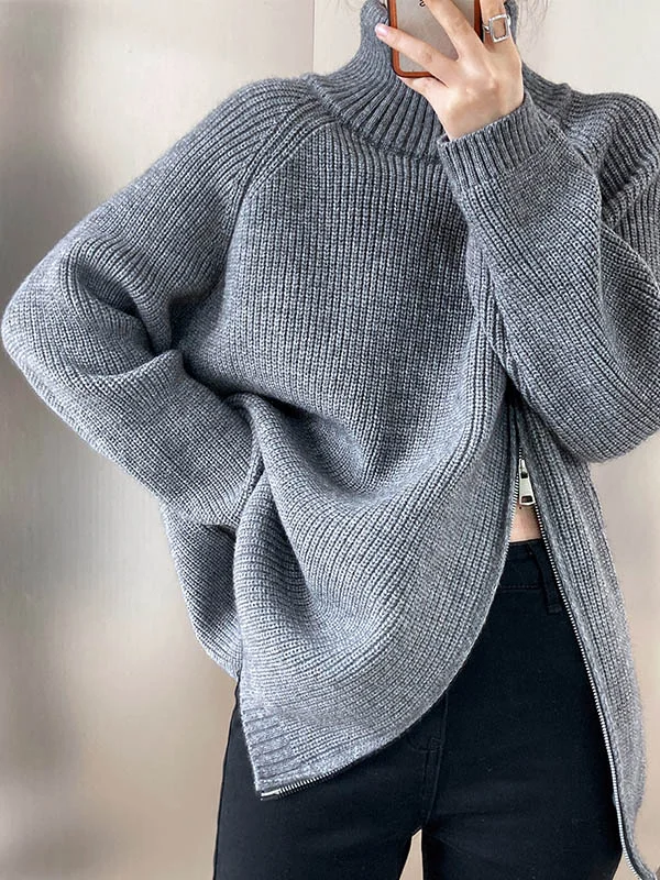 Long Sleeves Loose Split-Joint Split-Side Zipper High Neck Sweater Tops
