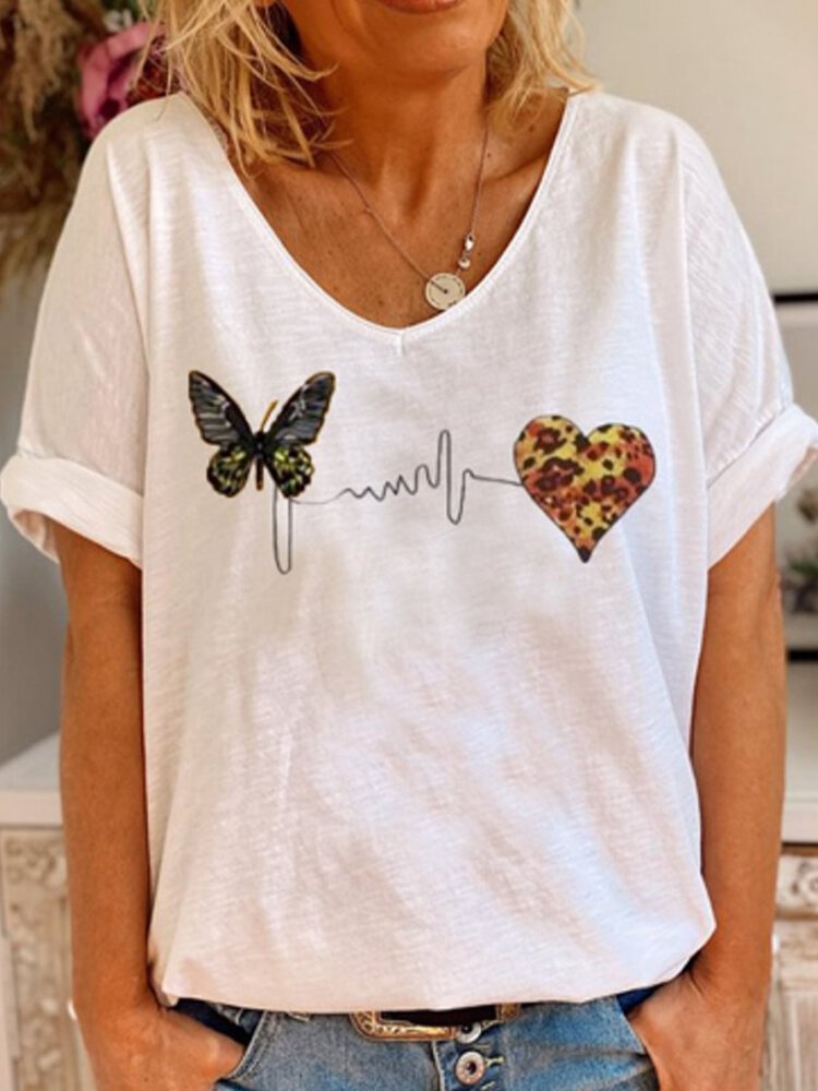 Butterfly Printed V neck Short Sleeve T shirt For Women P1707786