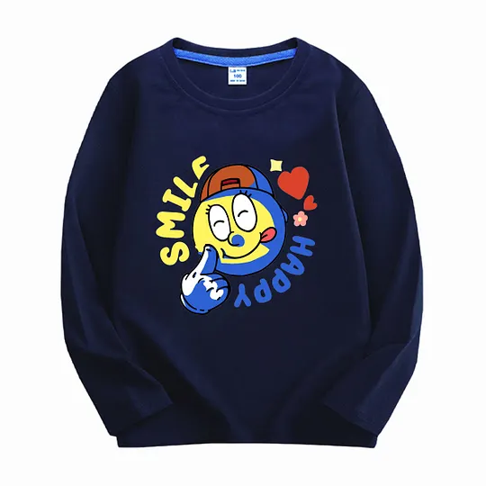 【18M-11Y】Adorable Long Sleeve T-Shirt With "SMILE, HAPPY" Design For Kids