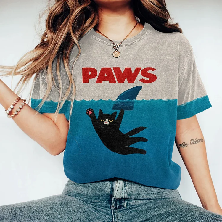 Comstylish Paws Shark Cat Print Crew Neck Short Sleeve T-Shirt