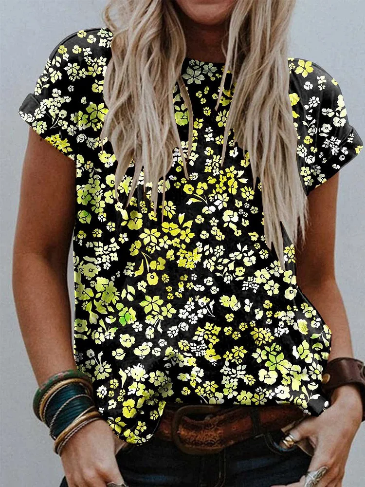 Bestdealfriday Yellow Floral Print Crew Neck T-Shirt