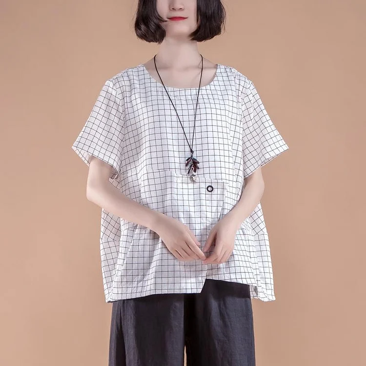 stylish cotton summer top plus size clothing Short Sleeve Plaid Summer Casual White Women Tops